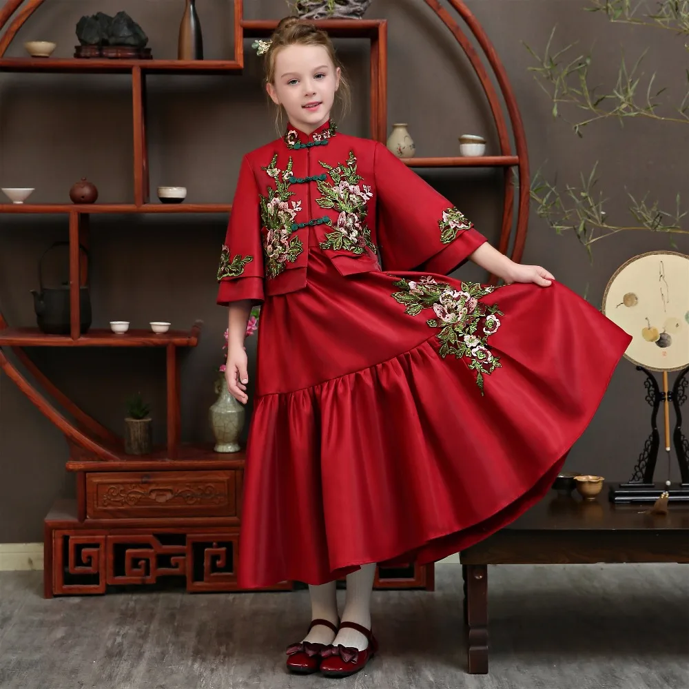 

Marfoli New host Dress For Prom Red Chinese style Suit Dress with flower for Girls First Communion Pageant Dress costume