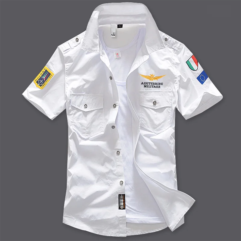 New Men's Shirts Short Sleeve Summer Beach Embroidered Tops High Quality Military Cotton Air Force