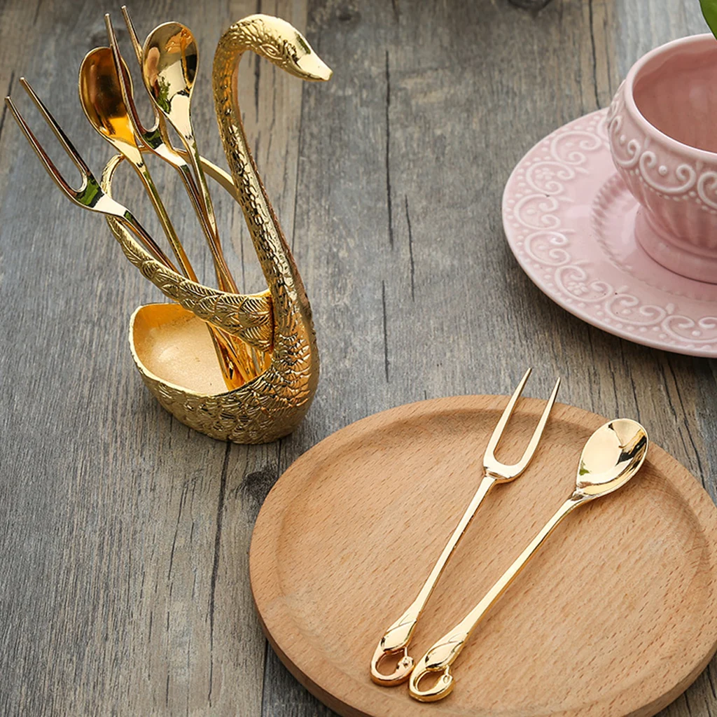 

New 7Pcs Swan Fruit Base Holder Forks Set Stainless Steel Salad Dessert Forks Coffee Spoon Cake Tableware Zero Waste Flatware
