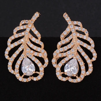 

GODKI 27mm Feather Leaf Fashion Cubic Zirconia Women Engagement Party NightOut Bridal Wedding Stud Earrings for Women