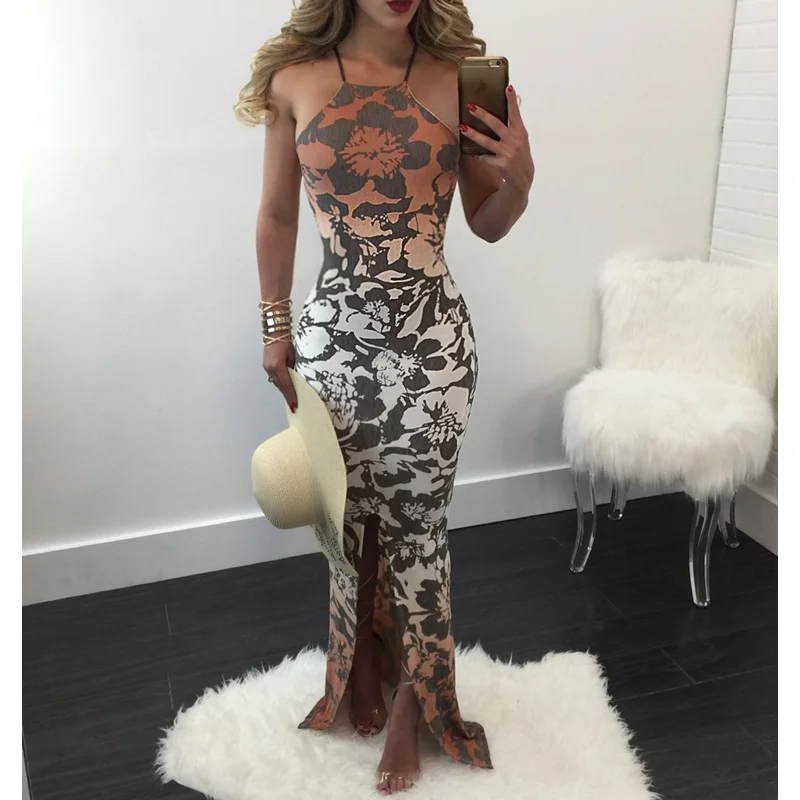 

Fashion Women Summer Beach Causal Dresses Halter Sleeveless Sexy Maxi Dress Print Floral Bodycon Dress Vestidos Mujer