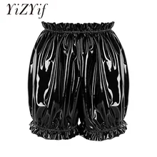 YiZYiF Frauen Latex Gummi Pumphose Dessous Wet Look Patent Leder Saum Rüschen Elastische Bund Boxer Briefs Unterwäsche Höschen