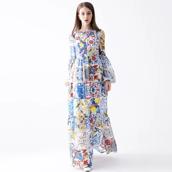 

Women blue white sicily porcelain patterns print summer maxi dress floor length flare sleeve bohemian dresses 2019 new brand