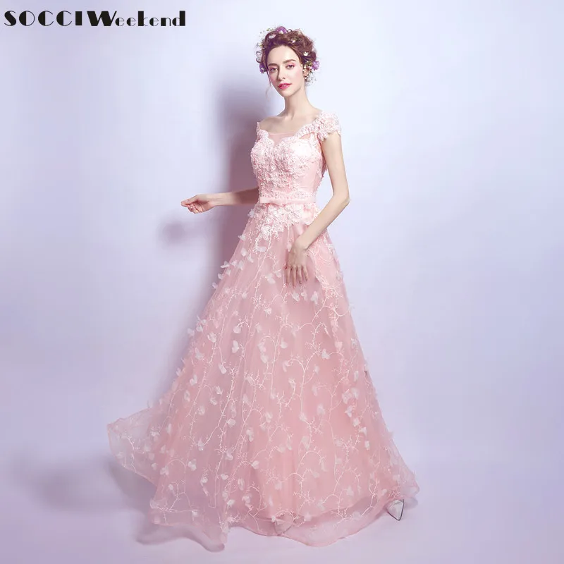 

SOCCI Pink Crystal Pearls Beading Long Evening Dresses Women Elegant Bridal Dress New Formal Wedding Party vestido de noite 2019