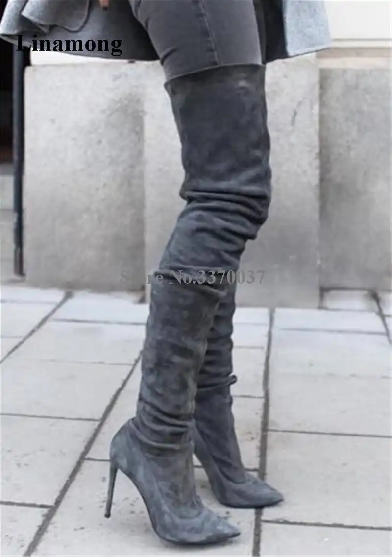 grey suede knee high heel boots