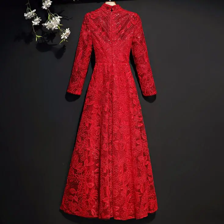 VENSANAC Vintage High Neck Red Embroidery A Line Sequined Long Evening Dresses 2018 Lace Long Sleeve Party Prom Gowns