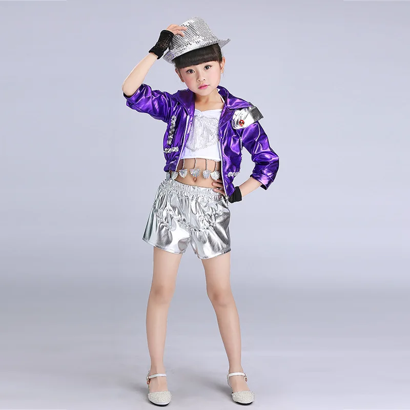 Kid Performance Hip Hop DS Party Show Dancing Clothing set Outfits Girls Sequined PU Ballroom Modern Jazz Dance wear Costumes (1)