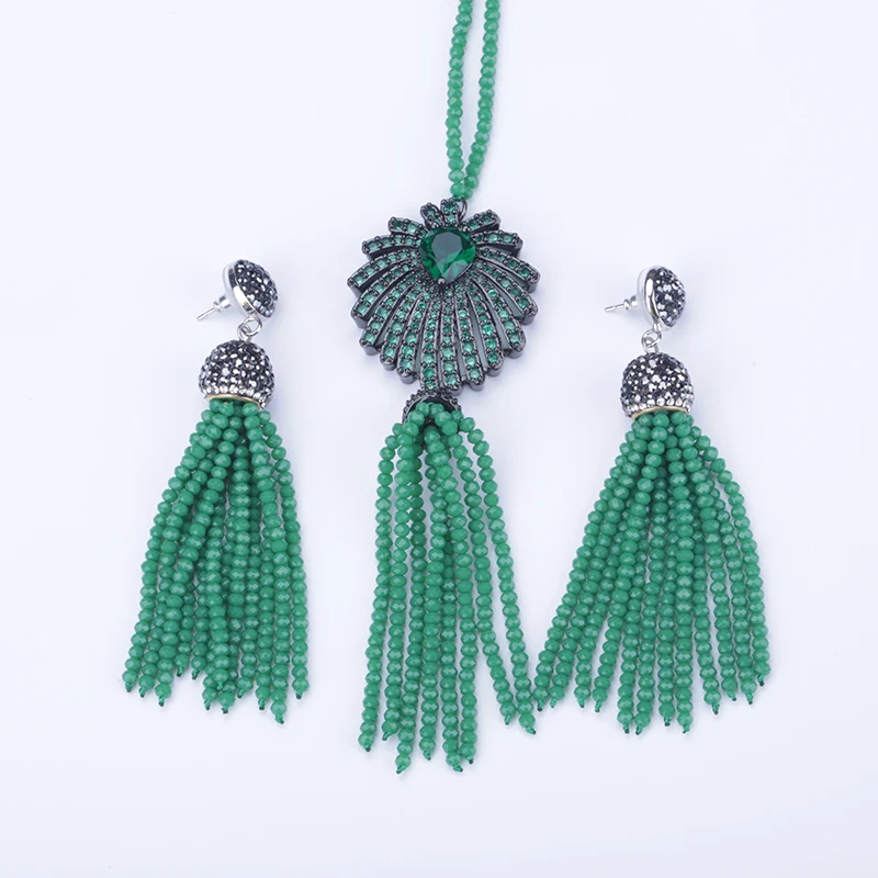 

Bohemia Boho Black Palm Tree CZ Charm With Wine Red Tassel Studs Dangle Earring Tassel Pendant Necklace Jewelry Set For Women