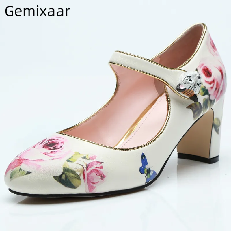 

New Elegant Print Flower Wedding Shoses Round Toe Ankle Strap Square Heels Pumps Novelty Decor Cat-face Stap Sapatos Feminino