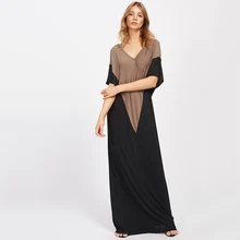 

2018 Women's Long Dress Oversize Elbow Sleeves V-Neck Loose Fit Patchwork Chevron Stripe OEM Maxi Dress