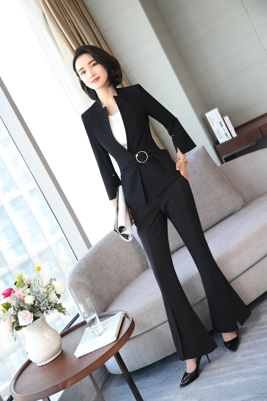 2018 Весенние новые модные деловые женские комплекты из двух предметов деловой костюм рубашка блейзер + юбка элегантный темперамент