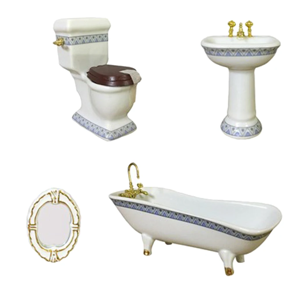 1:12 Miniature Bath Accessory Bathtub Toilet Sink Mirror, 4-Piece Dollhouse Bathroom Accessories, Dollhouse Decorations Kit