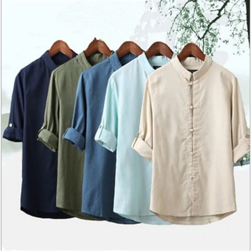 

5 color Plus Size M-5XL Cotton Linen Solid Men Shirt Stand Collar Casual Male Shirts Slim Fit shirts hommes