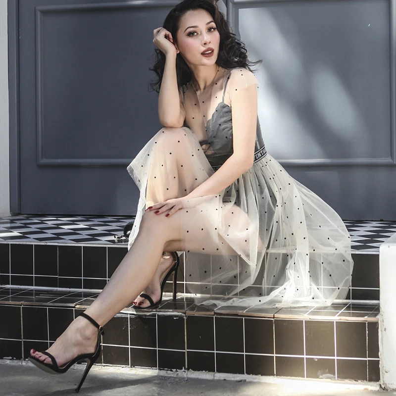 

le palais vintage 2018 Summer Vintage See Through Dress Big Hemline Dress Ultra Thin Mesh Fabric Letters Printed Straps