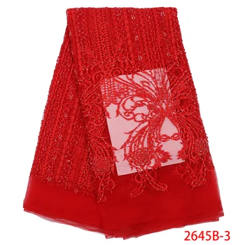 

Luxury Handmade Pearls Lace Fabrics, Red Lace Fabric For Dresses Bridal Embroidery Tulle Lace Applique Fabric 5yards NA2635B-2