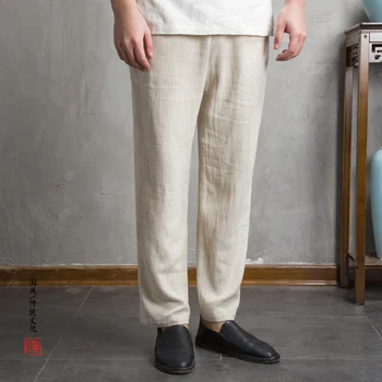

Chinese Style Solid Color Men's Trousers Size S-4XL Loose System Belt Male Pants Summer Fashion Breathable Linen Pants Men