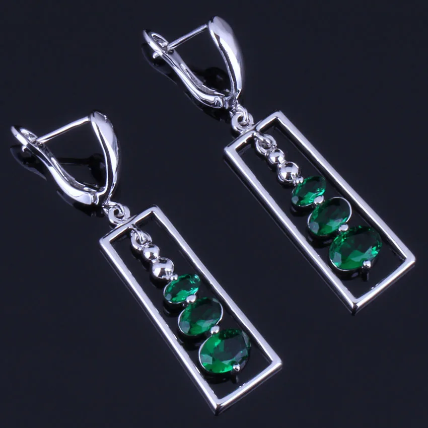Rare Oval Green Cubic Zirconia Silver Plated Drop Dangle Earrings V0831 | Украшения и аксессуары