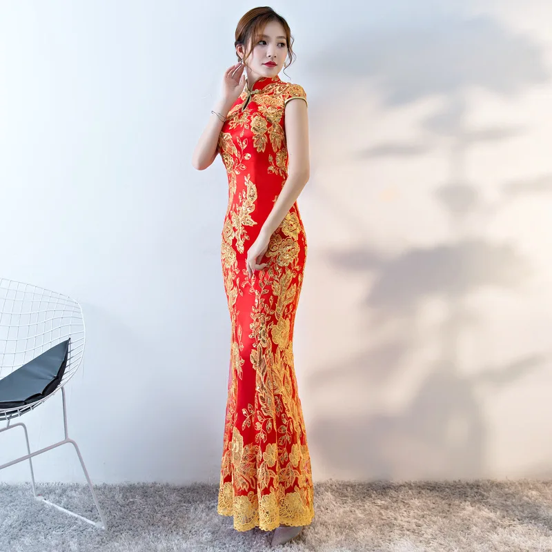 Новое китайское традиционное платье женское тонкое Cheongsam вышивка блестками современные восточные длинные Qipao вечерние платья