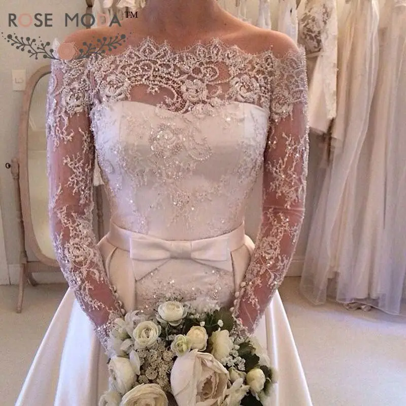 

Rose Moda Off Shoulder Long Lace Sleeves Mermaid Wedding Dress 2019 with Removable Skirt Beaded Bridal Dresses