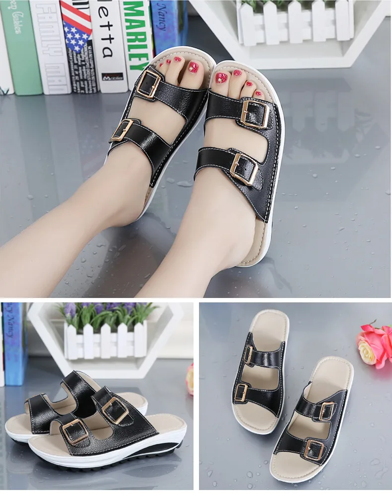 women slippers buckle real leather slides shoes solid thick sole heels beach sandals women outside flip flops summer (11)
