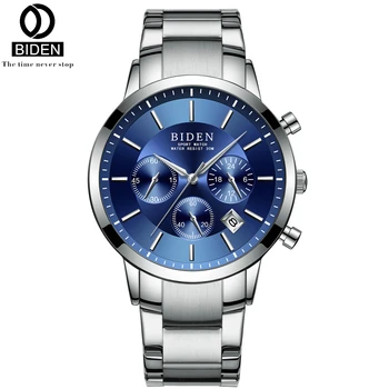 

BIDEN Business Quartz Mens Watch Silver Stainless Steel Auto Date Watches Chronograph Military Wristwatches Montre Homme 0029