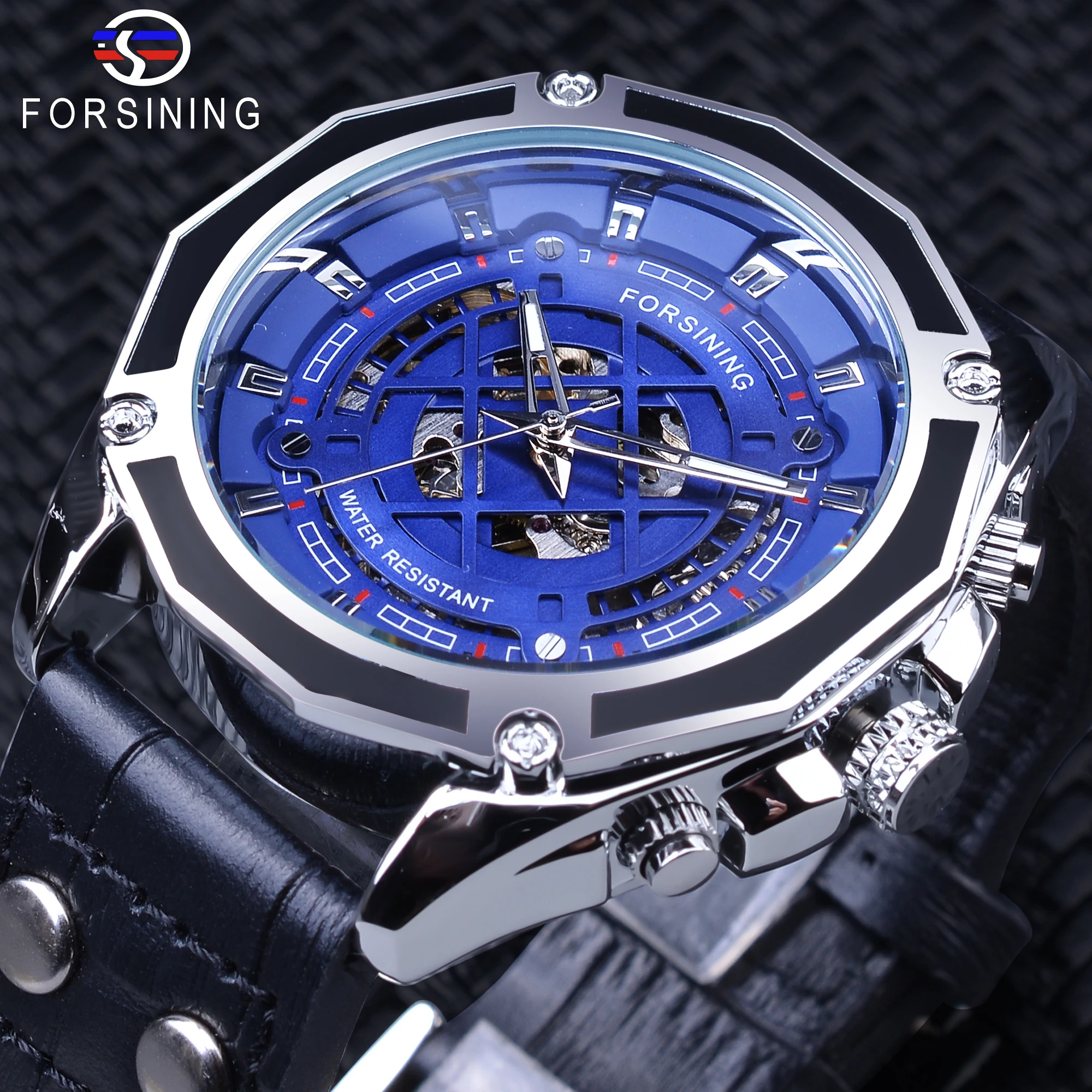 Forsining Мода синий океан дисплей 3D Скелет дизайн черный пояса из натуральной кожи ремень для мужчин часы топ Автоматические наручные часы