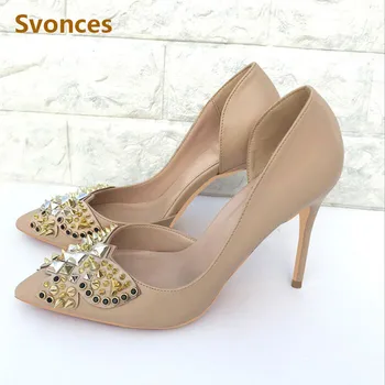 

New Rivets Lady Pumps Luxury Spikes Crystal Designer Pointed Toe Femme Shoes Womens Brand Sexy Thin High Heels Shallow Sandals