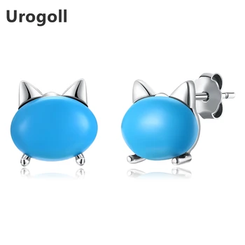 

New Vintage Cat Head with Natural Stone Stud Earrings Fashion Real 925 Sterling Silver Earring with Blue Stone Jewelry Gifts