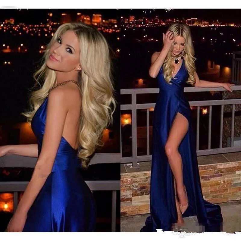 

Royal Blue Pleats Satin Backless Evening Dress Deep V Neck Prom Dresses robe de soiree Long High Side Slit Formal dress Pageant