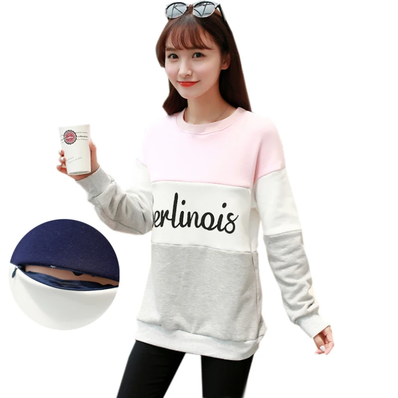 

Winter Fleece Warm Nursing Sweatshirt Breastfeeding Tops Plus Size Color Contrast Casual Pregnancy Clothes for Pregnant Women