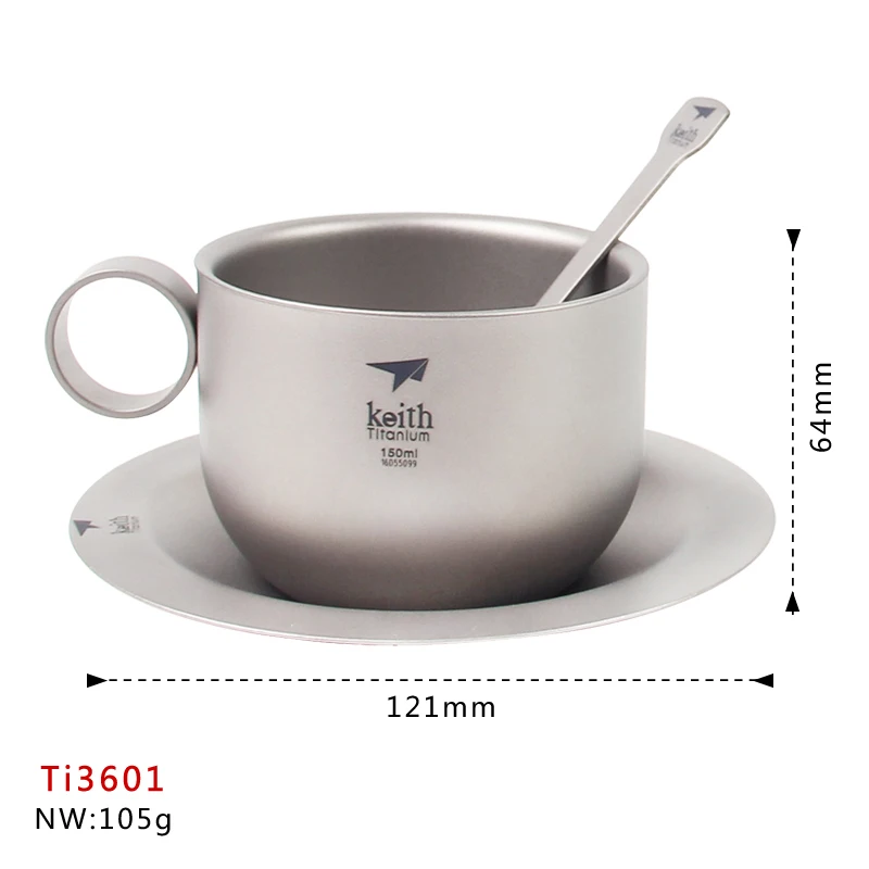 Xícara de Café Titânio ao ar Caneca de Café Água com Pote Keith Ultraleve Titanium Conjuntos Chá Livre Portátil Talheres Colher Conjunto Ti3601 150ml 11 conjuntos chá titânio ao ar livre portátil