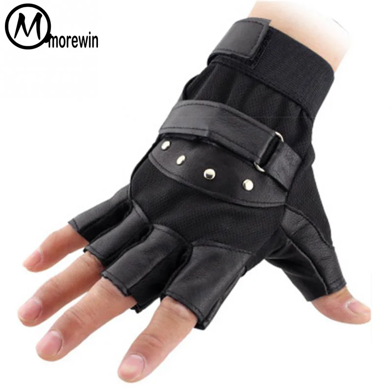 Cool Rivet Half Finger Spring Men Fingerless Gloves Black Mens Leather