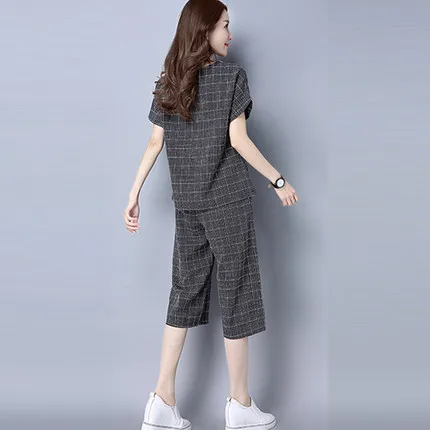 Women outfit 2 piece set crop top and pants suits summer cotton linen plus size co-ord set plaid clothing plus size M-3XL 4XL Women's Sets