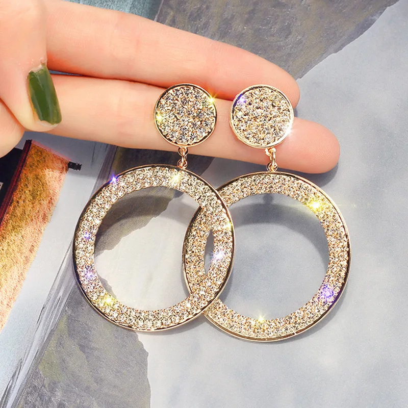 

Luxury Big Round Circle Earrings For Women Gold Color Rhinestone Drop Dangle Earrings Fashion Jewelry Bijoux Classic Gifts
