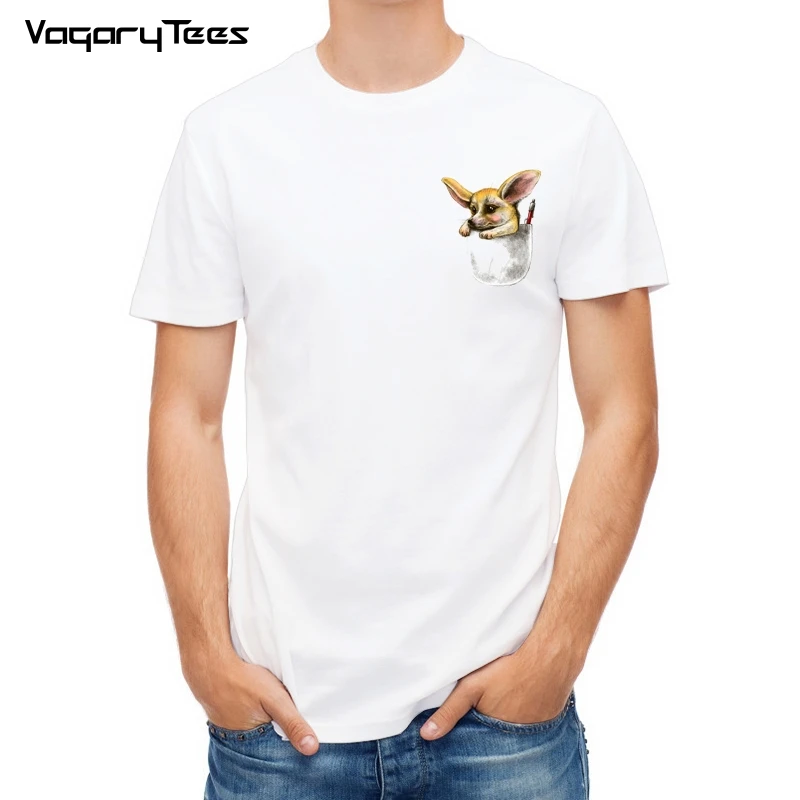 

New fashion animal design t-shirt fashion men T-Shirt Cute Sketch Pocket Fennec Fox print casual Tees Summer Tops