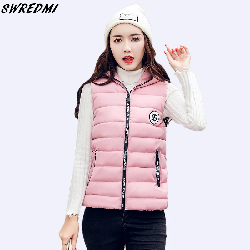

SWREDMI Women Winter Vest Thickening Warm Pink Cotton Vest Female Casual Short Letter Waistcoat Hooded Sleeveless Jacket Coat