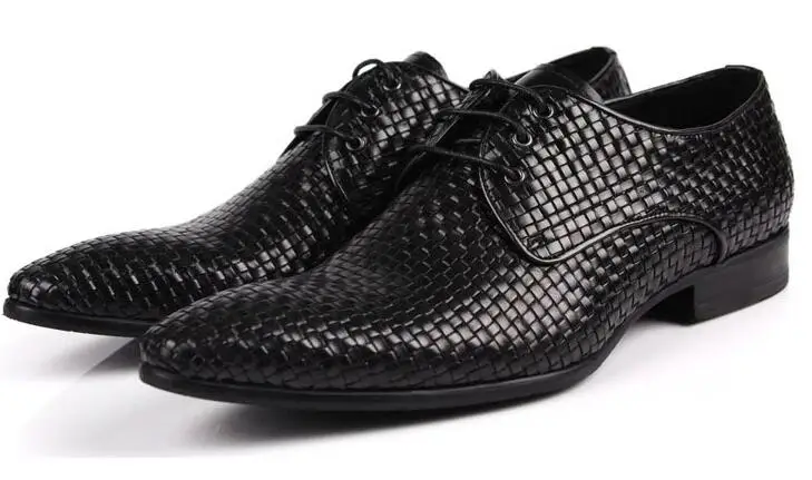 

Authentic cow leather woven shoes European pointed toe shoes British men's wedding shoes business dress fahsion lace-up shoes