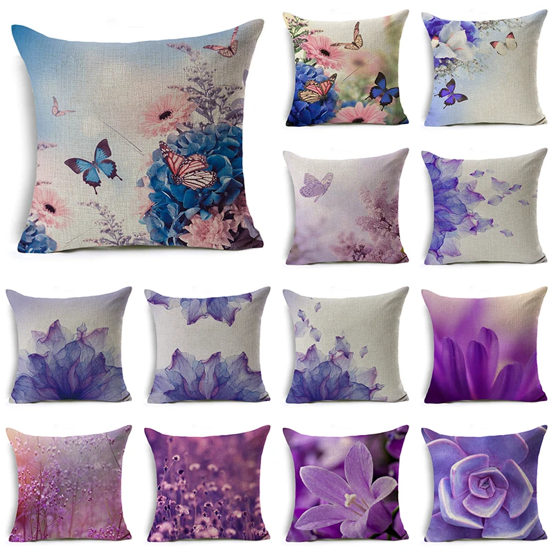 

WZH Purple Flower Cushion Cover 45x45cm Linen Decorative Pillow Cover Sofa Bed Pillow Case