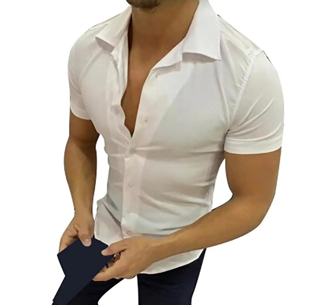 Летняя мужская Повседневная рубашка, Chemise Homme, чистый цвет, на пуговицах, с коротким рукавом, с отложным воротником, Рубашки, Топы, блузки, повседневная одежда - Цвет: White