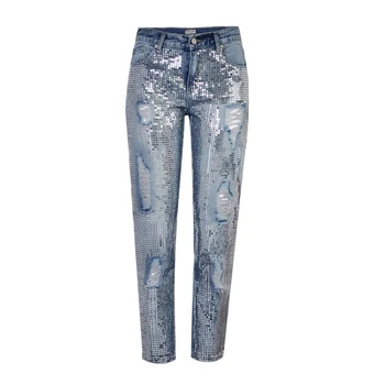 

Plus Size Sequin Jeans Distressed Boyfriend Jeans Ripped Jeans For Women Ladies Mom Vintage Baggy Ankle Denim Pant Rock Punk New