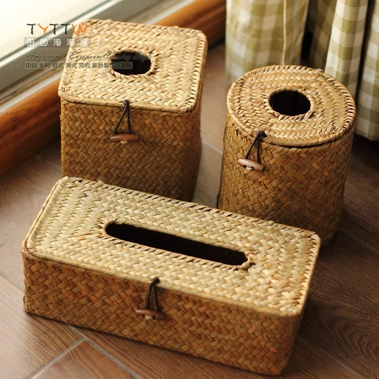 

2015 Free Shipping rustic decoration paper pumping tissue box roll box handmade braid straw crafts storage box sundries