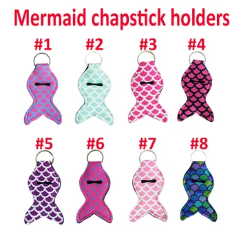 

10Pcs Mermaid Tail Neoprene Lipstick Holder Keychain Chapstick Key Chain Holder Lip Balm Vibrant Prints Key Chain Holder