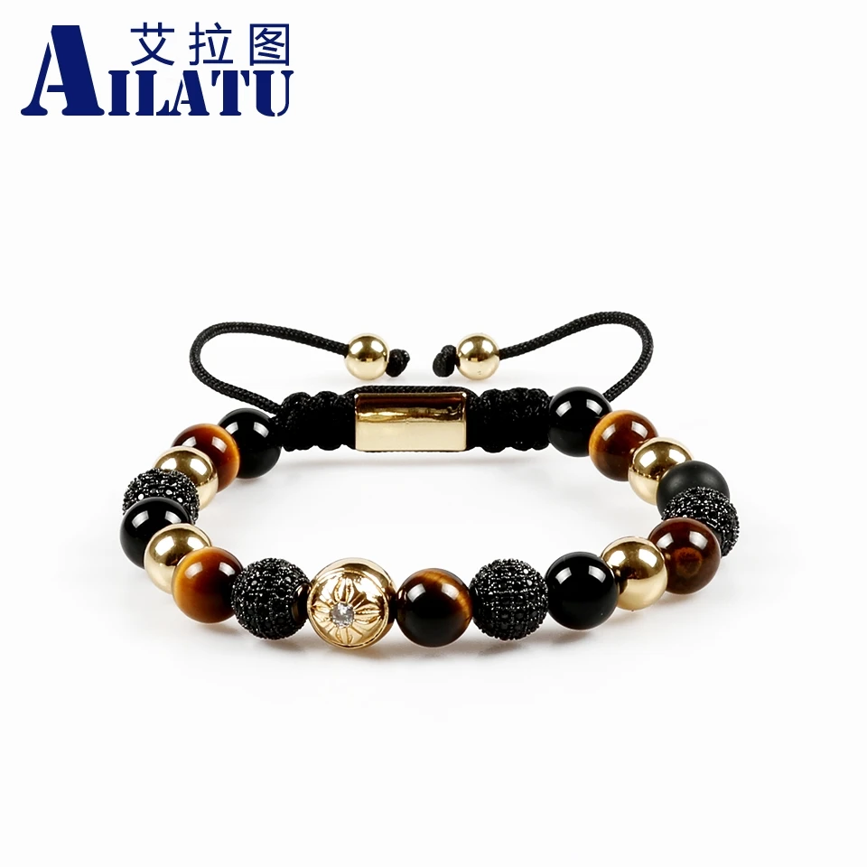 

Ailatu Micro Paved Cubic Zirconia Copper Bead Charm with 8mm Black Onyx&Tiger Eye Gem&Copper Beads Braiding Macrame Bracelet