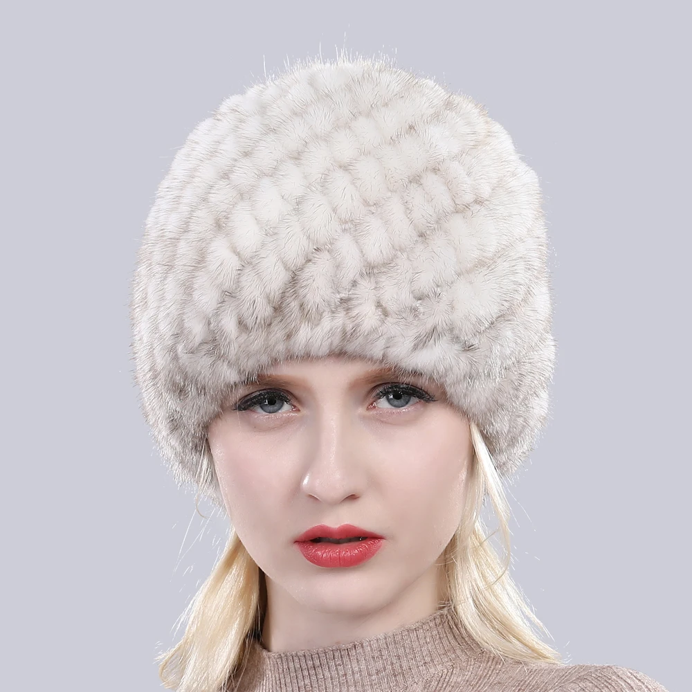 New Winter Lady Natural Mink Fur Beanies Hat Knit Warm Striped Genuine Mink Fur Caps Women Good Elastic Real Mink Fur Hat 4