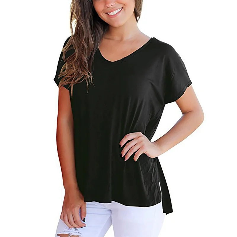 Download Solid Color Basic T shirt Women's V neck Short Sleeve High ...