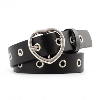 

OLOME Vintage 2.5cm Wide Eyelet Grommet Belt Leather Women Pink Black White Heart Buckle Silver Waist Belt Female Jeans Belts