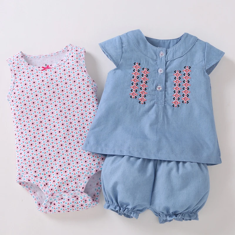 

infant baby girl clothes newborn girl set cotton sleeveless T-shirt embroider+bodysuit+shorts summer 3PCS outfits