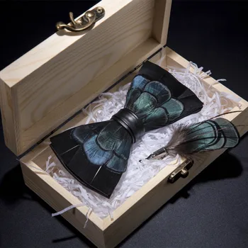 

JEMYGINS Original Design Bow Tie Natural Feather Hand Made Bowtie Brooch Pin Wood Gift Box Set For Men Wedding Party Bowtie