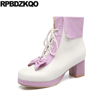 

Candy Big Size Lolita Black And White Women Ankle Boots Medium Heel Round Toe Purple Japanese Booties Kawaii Bow Lace Up Chunky
