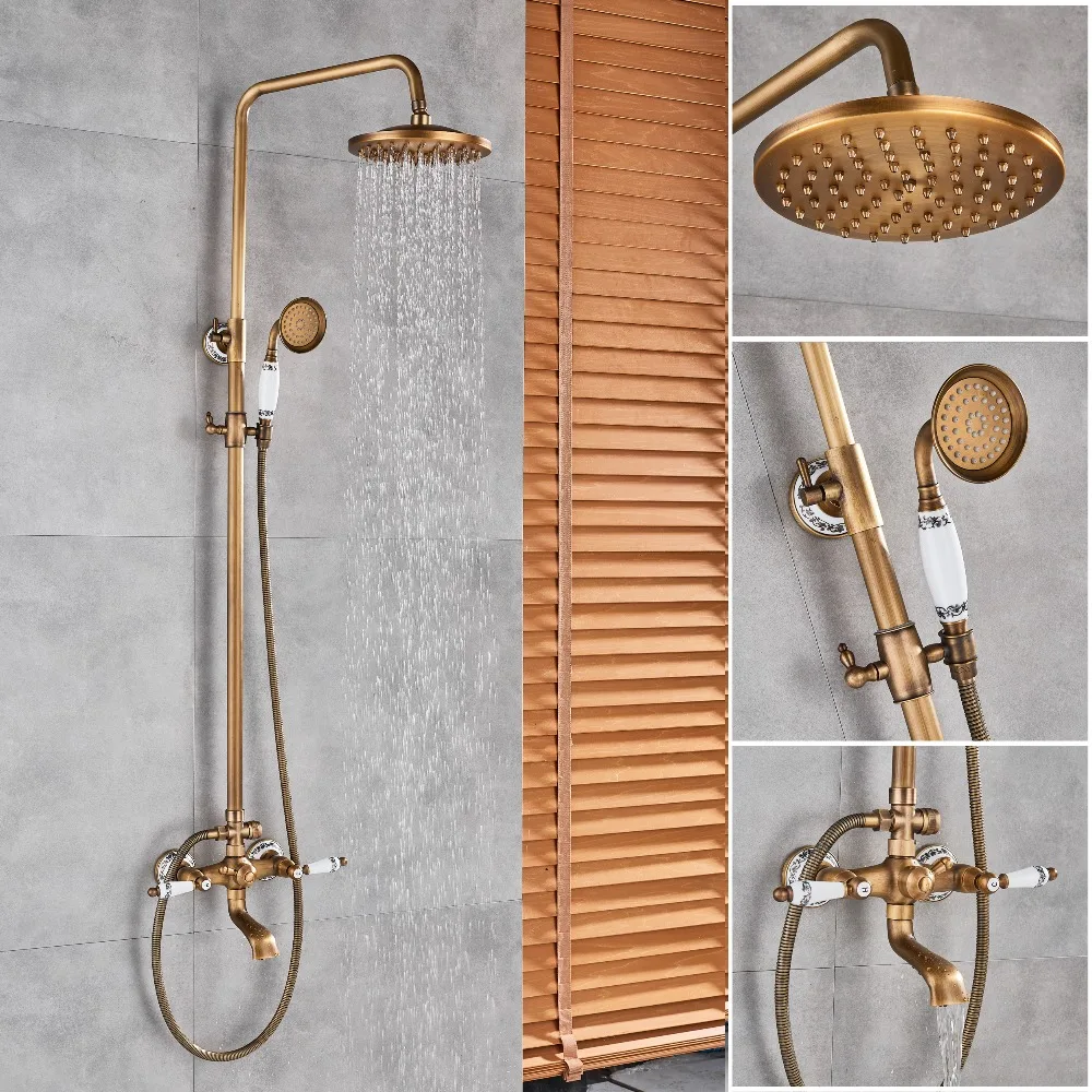 Antique Brass Shower Faucet Set Shower Mixer tap Rainfall 8" Brass